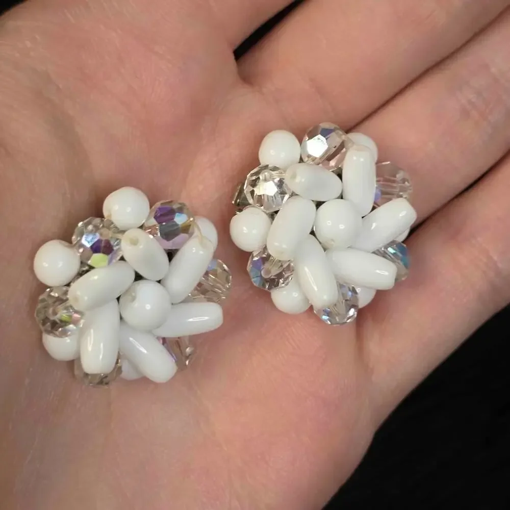 Vintage West Germany White Beaded Clip-On Earrings Aurora Borealis Rhinestone